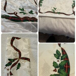 Lenox Festive Holly and Ribbon Tablecloth, napkins and placemats.